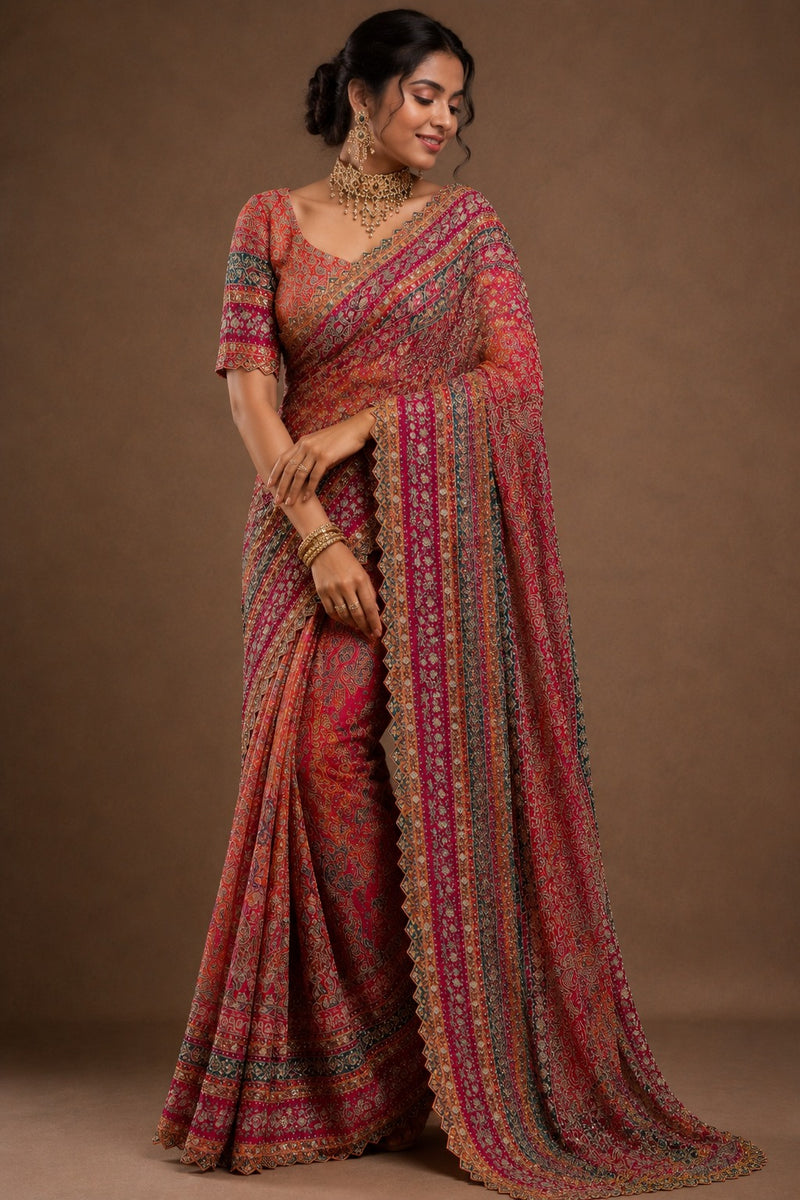 Premium  Multicolor Crepe Printed Designer Saree with Embroidered- By Reet Lifestyle