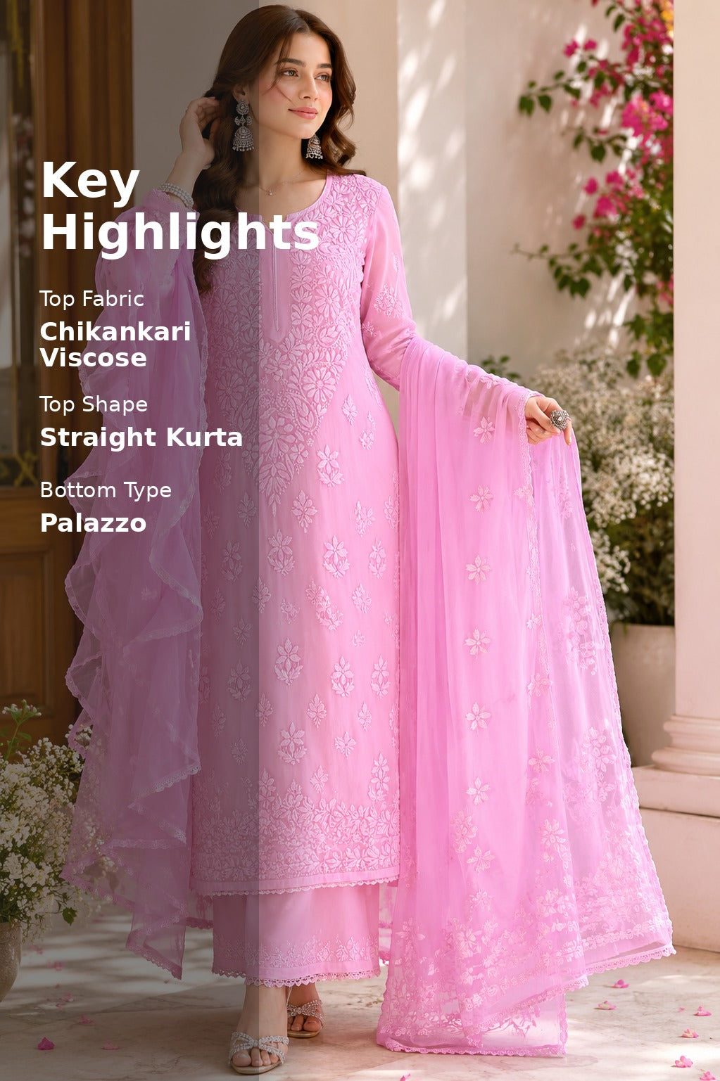 Rosé Noor Chikankari Viscose/Georgette  3-Piece Suit Set