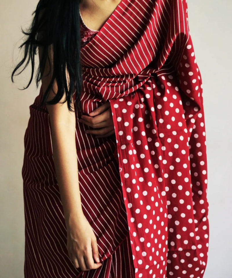 Crimson Dot & Stripe Cotton Saree