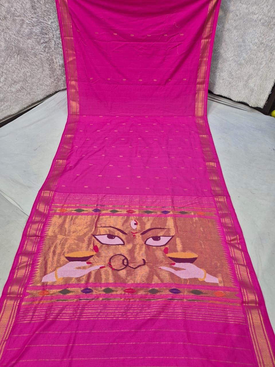 Traditional Maharashtrian Devi Varn Temple Design Zari Border Cotton Paithani Saree
