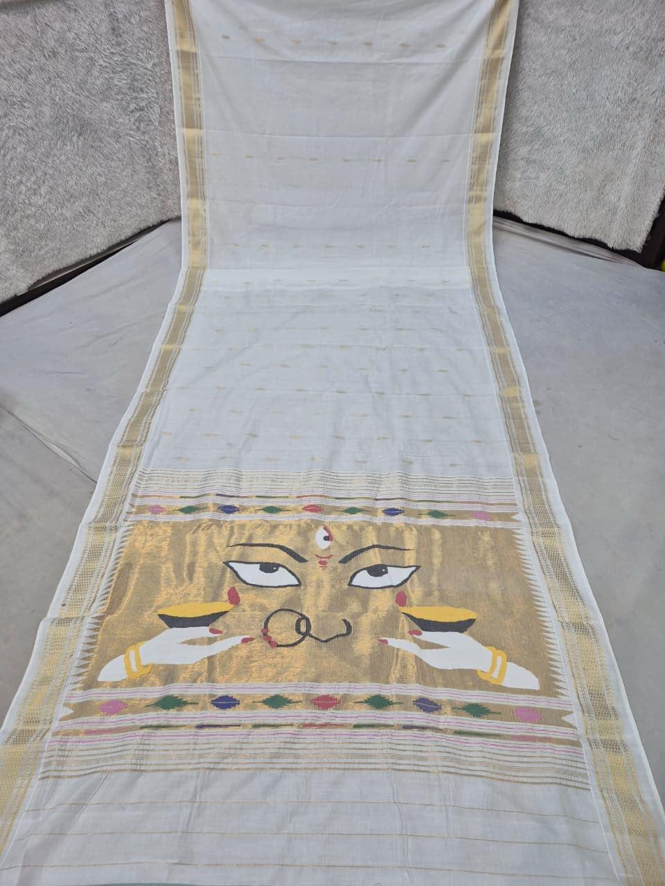 Traditional Maharashtrian Devi Varn Temple Design Zari Border Cotton Paithani Saree