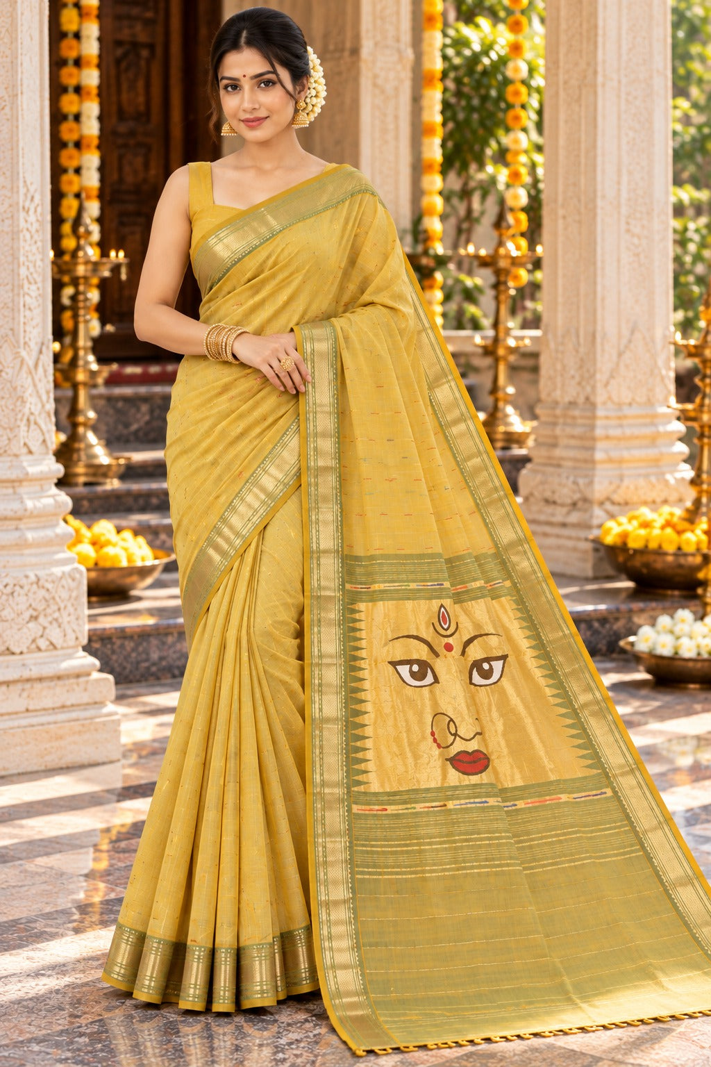 Traditional Maharashtrian Devi Varn Temple Design Zari Border Cotton Paithani Saree