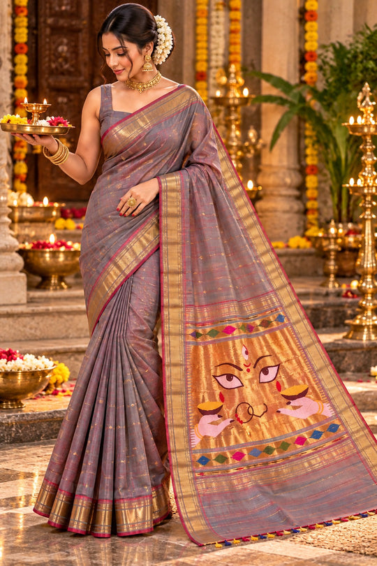 Traditional Maharashtrian Devi Varn Temple Design Zari Border Cotton Paithani Saree