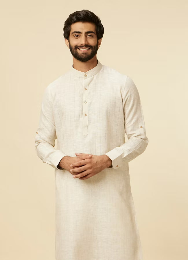 White Pure Silk  Self Patterned Mens Kurta