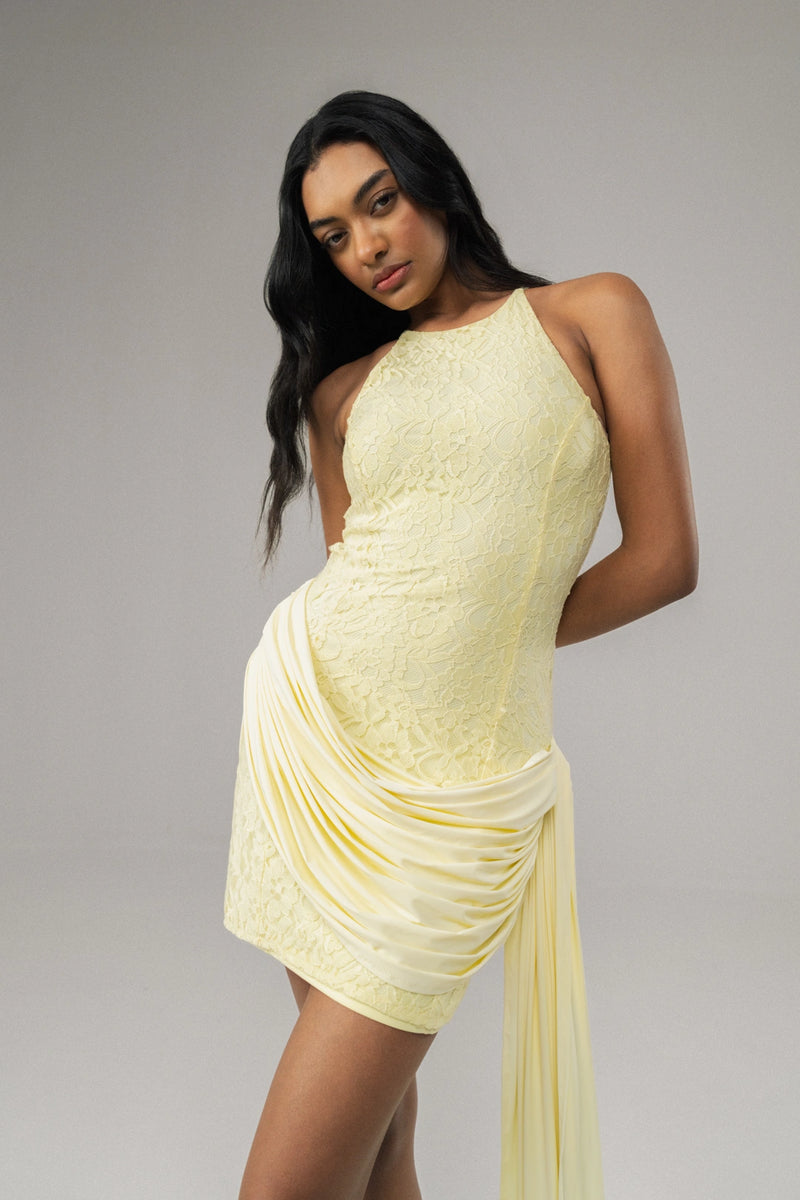 Buttercream Lace Draped Mini Dress