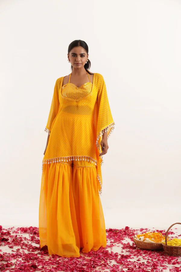 Leheriya Georgette Sharara Kaftan Set with Mirror