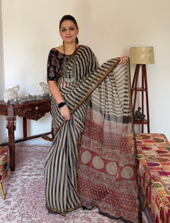 Handblock Kota Doria Striped Saree