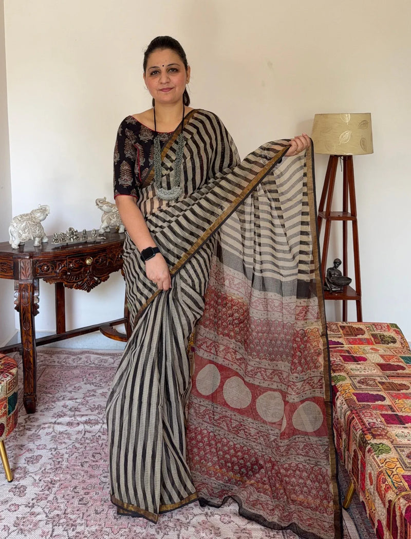 Handblock Kota Doria Striped Saree