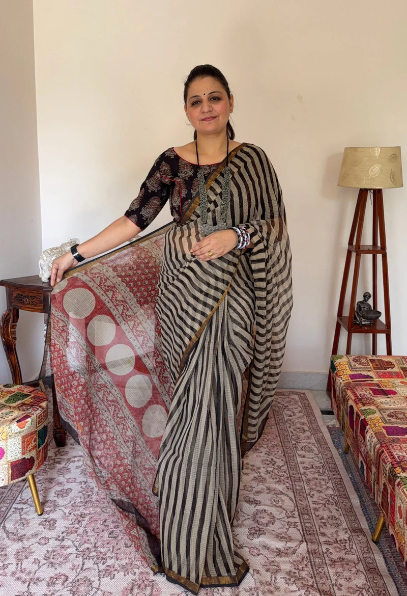 Handblock Kota Doria Striped Saree