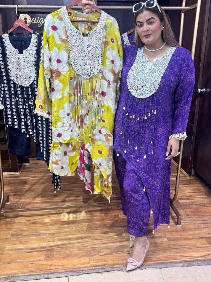 Yellow mirror work women's coord set