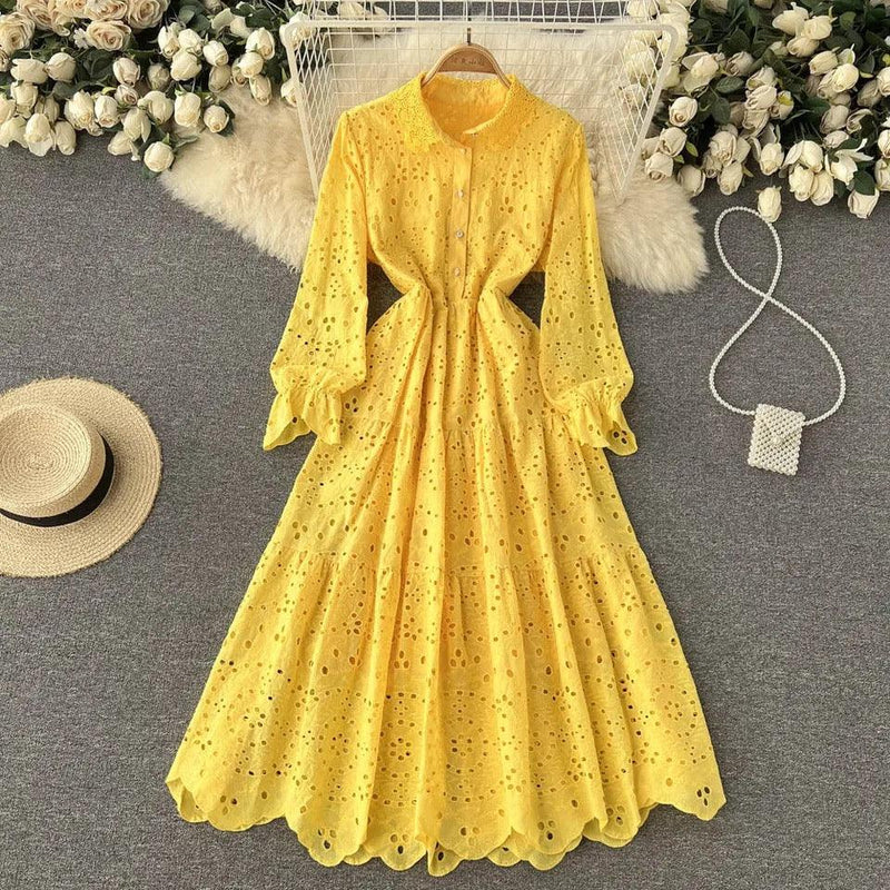 Yellow Cotton Eyelet Midi Dress