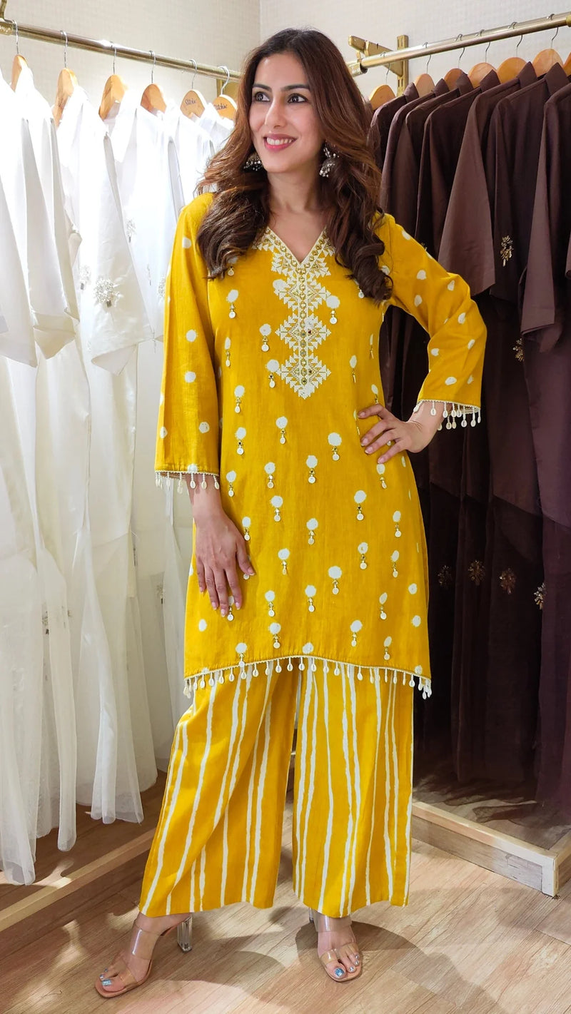 Embroidered Cotton Linen kurta with Striped Pants