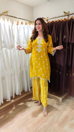 Embroidered Cotton Linen kurta with Striped Pants