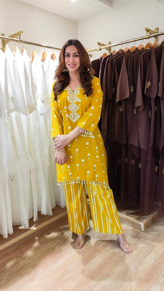 Embroidered Cotton Linen kurta with Striped Pants