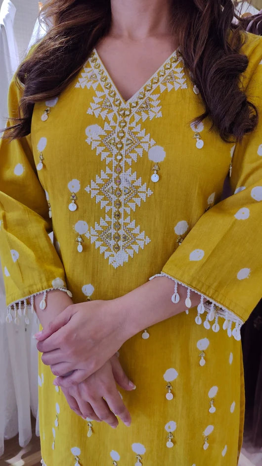 Embroidered Cotton Linen kurta with Striped Pants