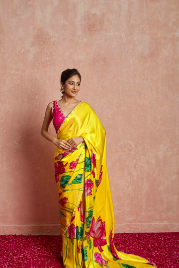 Yellow Satin Silk Saree