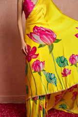 printed satin silk saree