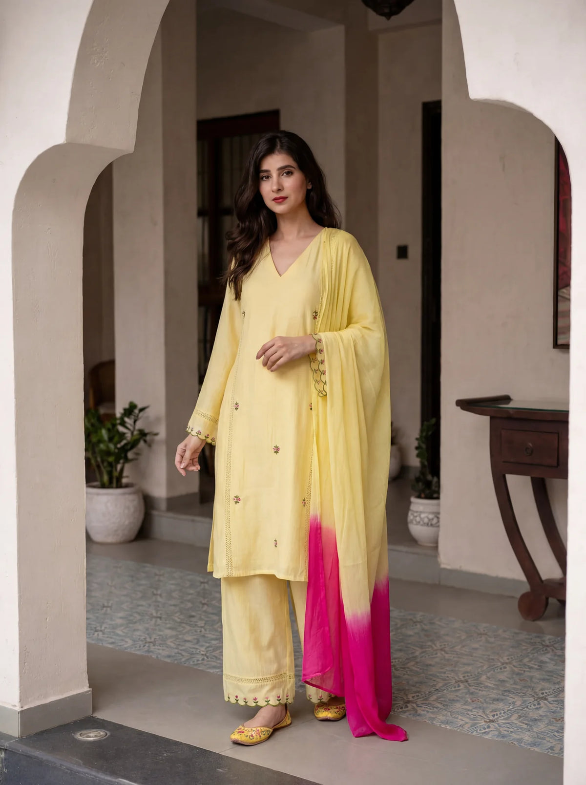 Kesari Noor Cotton Kurta Set with Pink Ombre Dupatta