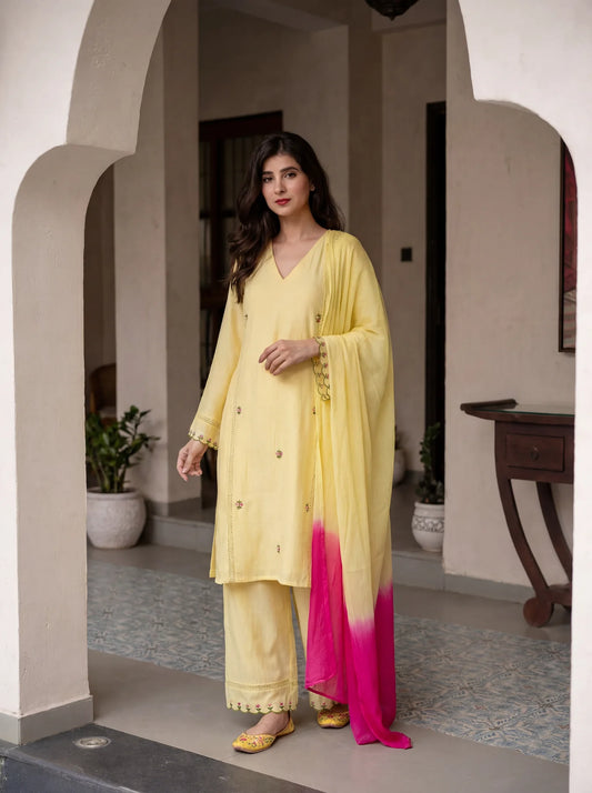 Kesari Noor Cotton Kurta Set with Pink Ombre Dupatta