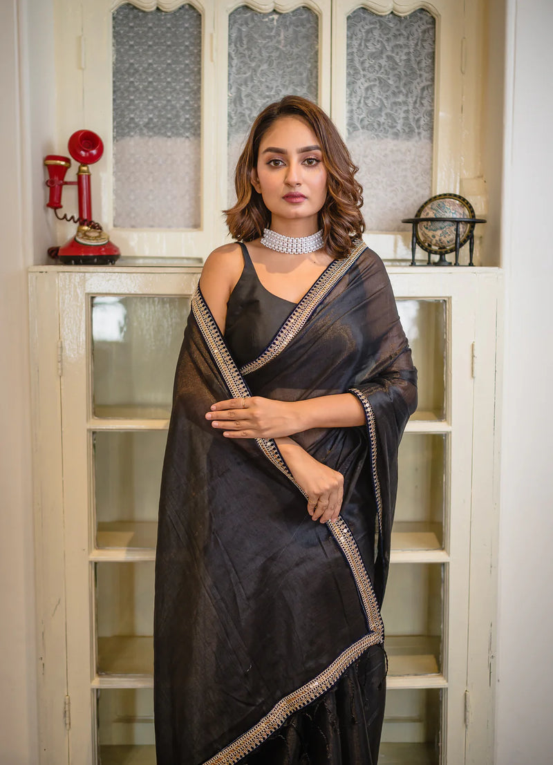 Lightweight black zari saree for weddings