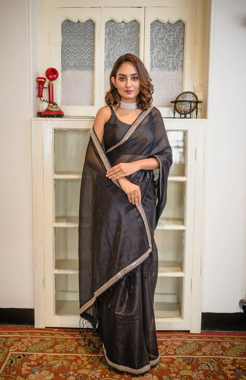 Party wear black zari tissue saree