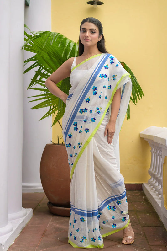 White Flower Mulmul Cotton Saree 1309