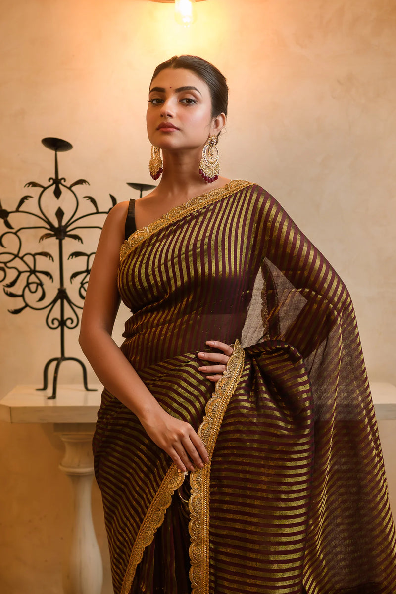 Maroon Zari Tissue Festive Saree