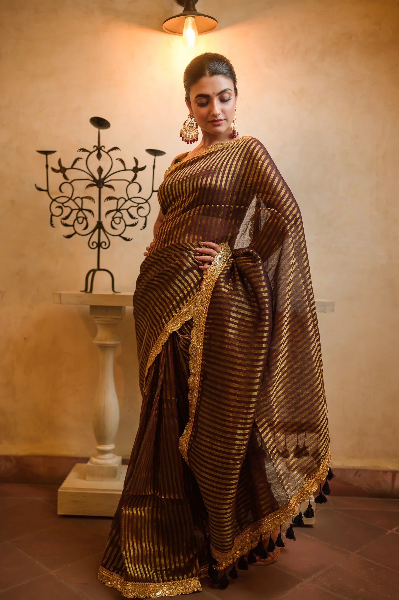 Maroon Zari Tissue Festive Saree