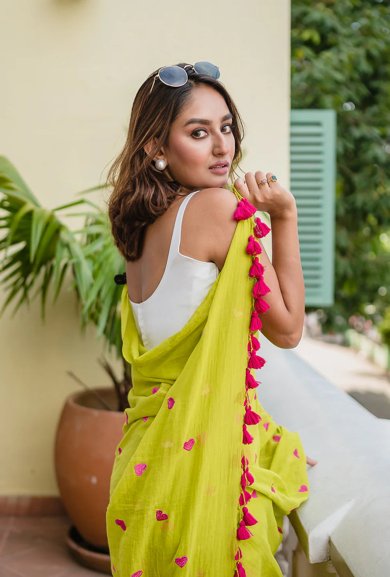 Lime Green Love Mulmul Cotton Saree