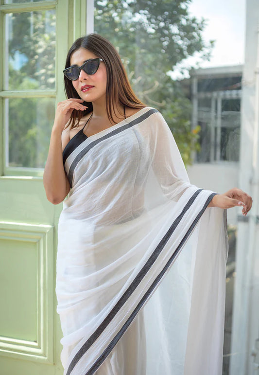 White and Black Mulmul Cotton Saree 600