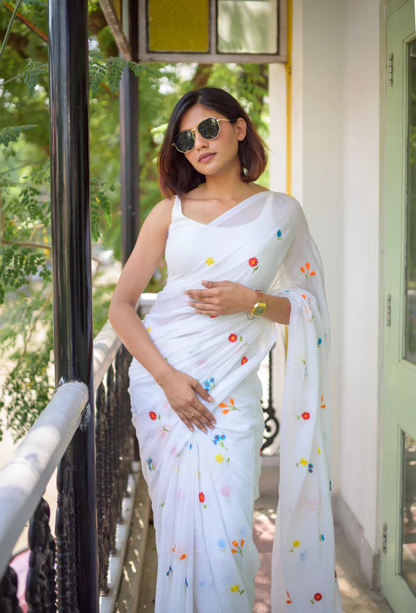 White Embroidered Mulmul Cotton Saree