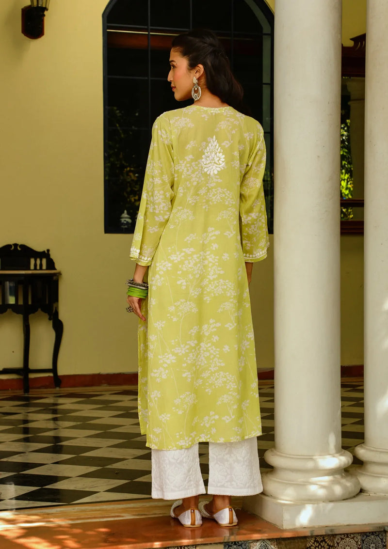 Green Chikankari Mulmul Printed Kurta