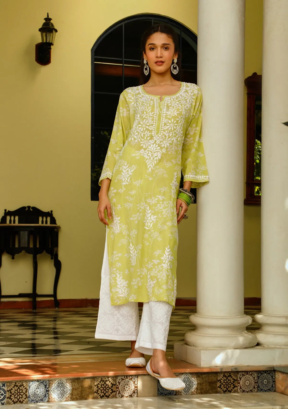 Green Chikankari Mulmul Printed Kurta