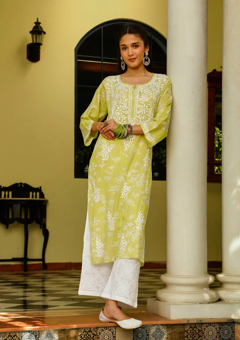 Green Chikankari Mulmul Printed Kurta
