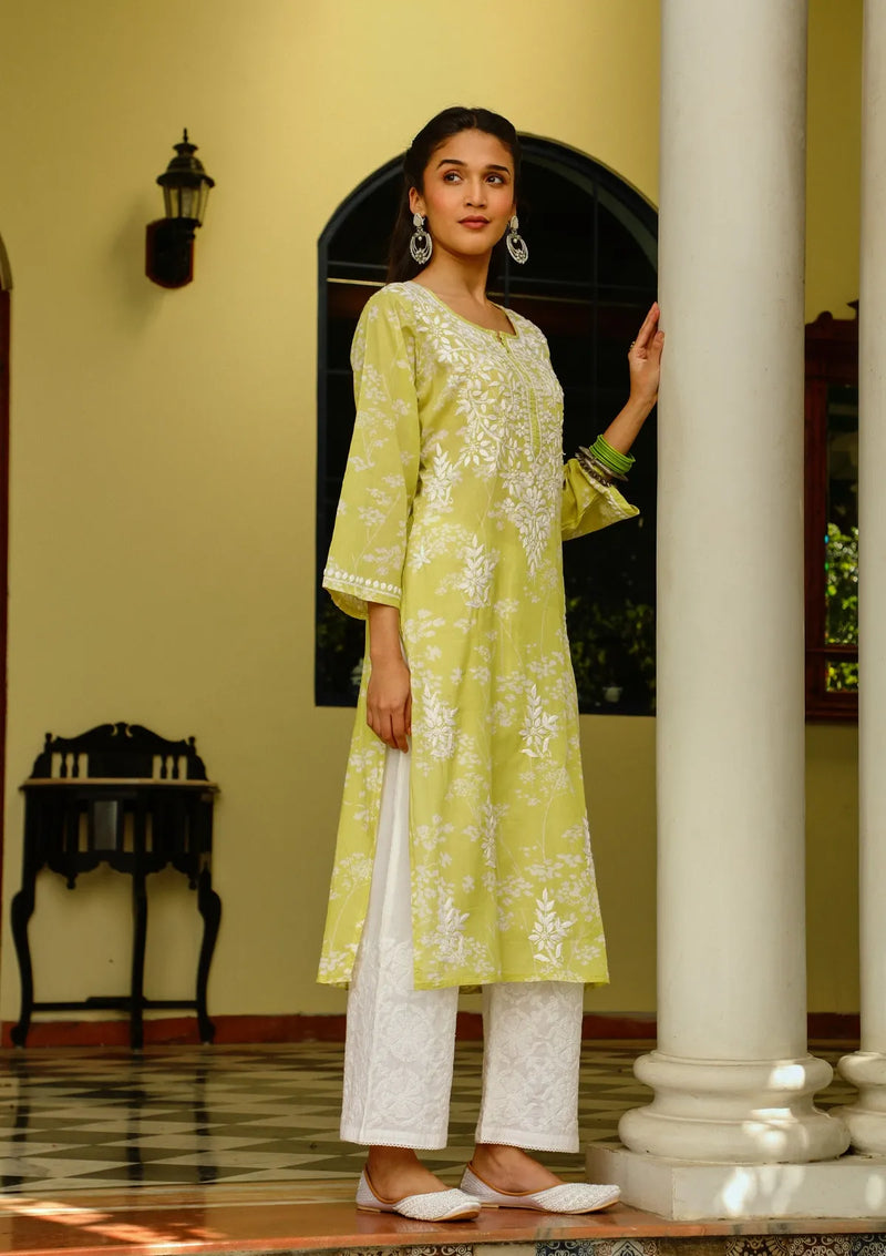 Green Chikankari Mulmul Printed Kurta