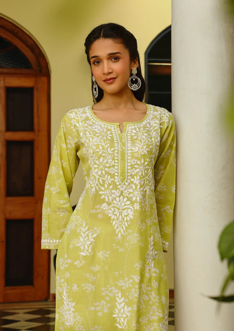 Green Chikankari Mulmul Printed Kurta