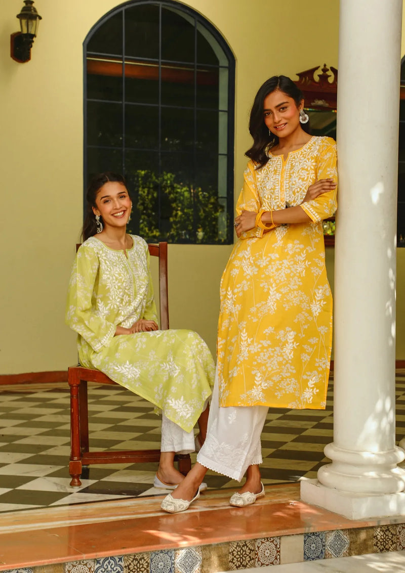 Green Chikankari Mulmul Printed Kurta