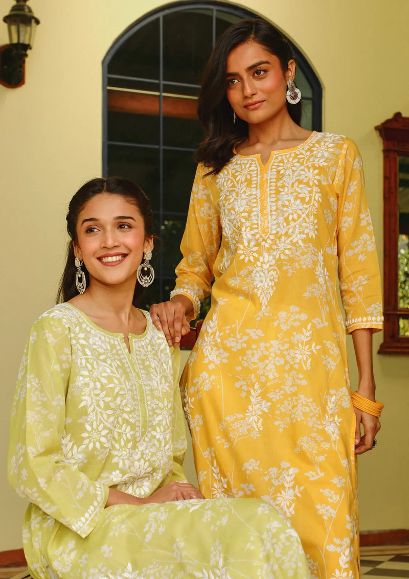 Green Chikankari Mulmul Printed Kurta