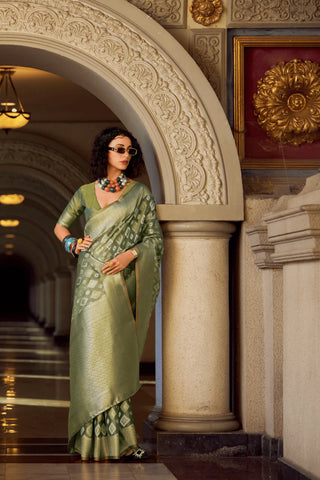 Zari Noor Block Tissue Silk Dark Green Saree