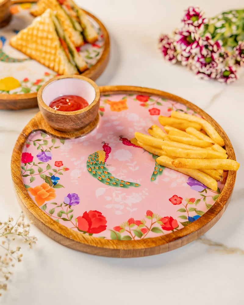 Premium Mango Wood Round Peacock Platter Bowl