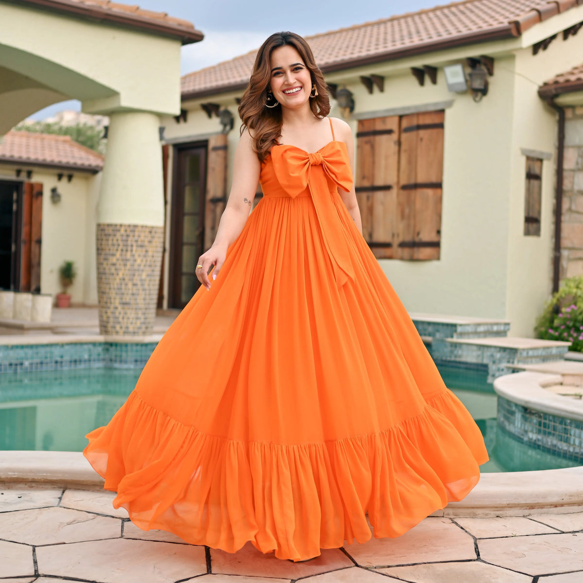 Zinnia Bow Orange Designer Georgette Long Dress