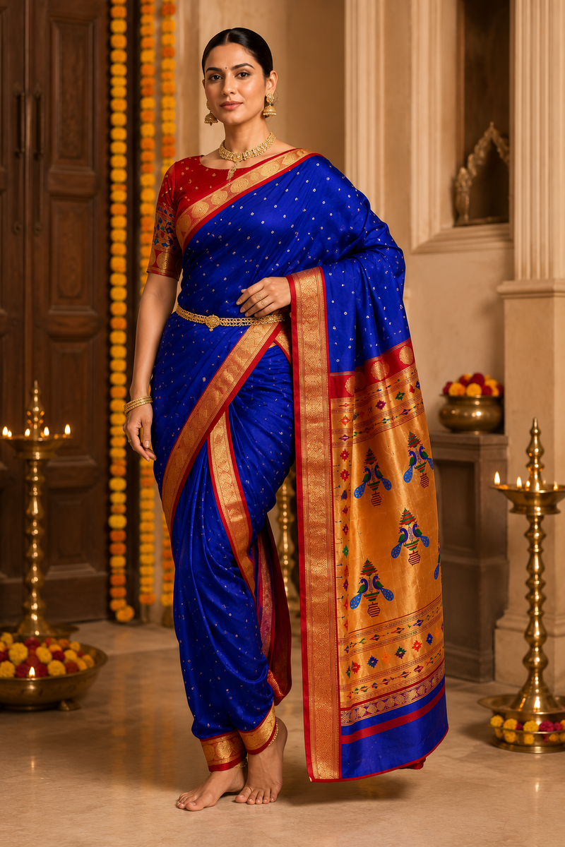 Sindoori Red 9 Yard Soft Silk Paithani Saree with Kalash Peacock Pallu