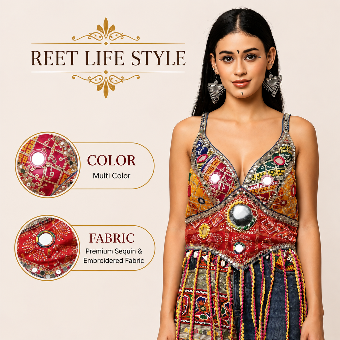 Navratri Special Multicolor Mirror Work Long Tassel Blouse