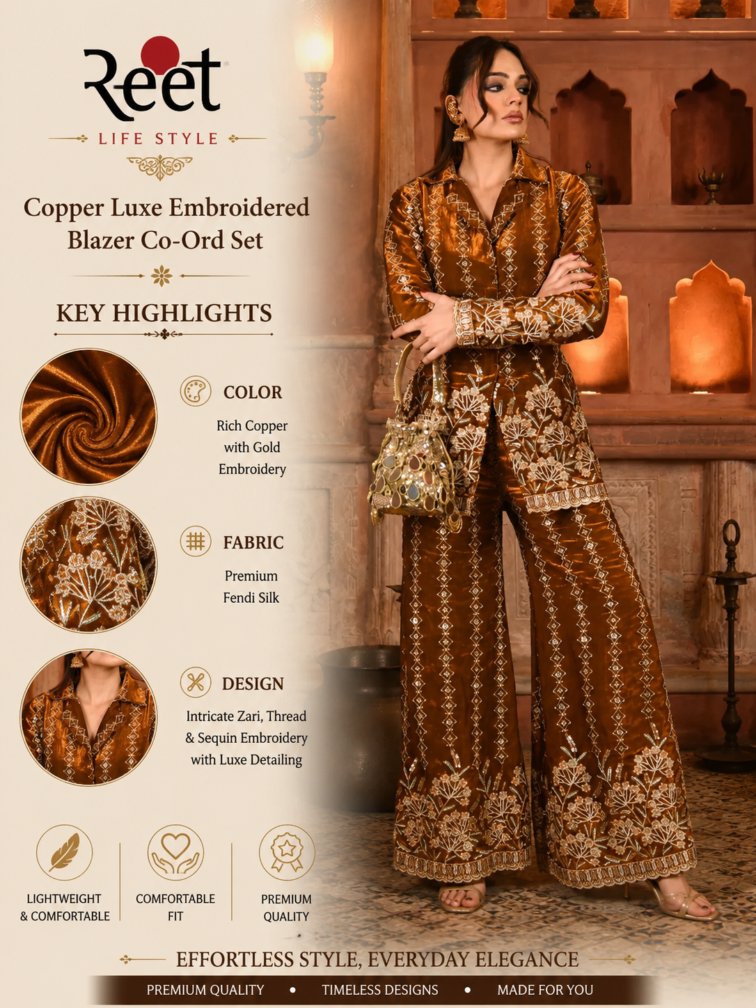 Copper Luxe Embroidered Blazer Co-Ord Set