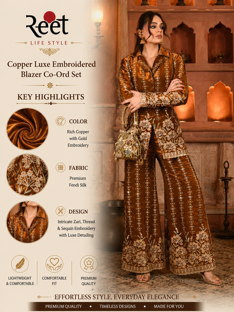 Copper Luxe Embroidered Blazer Co-Ord Set