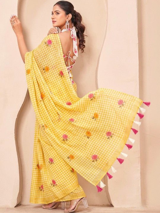 Silk  Floral Checked Woven Design Border Saree