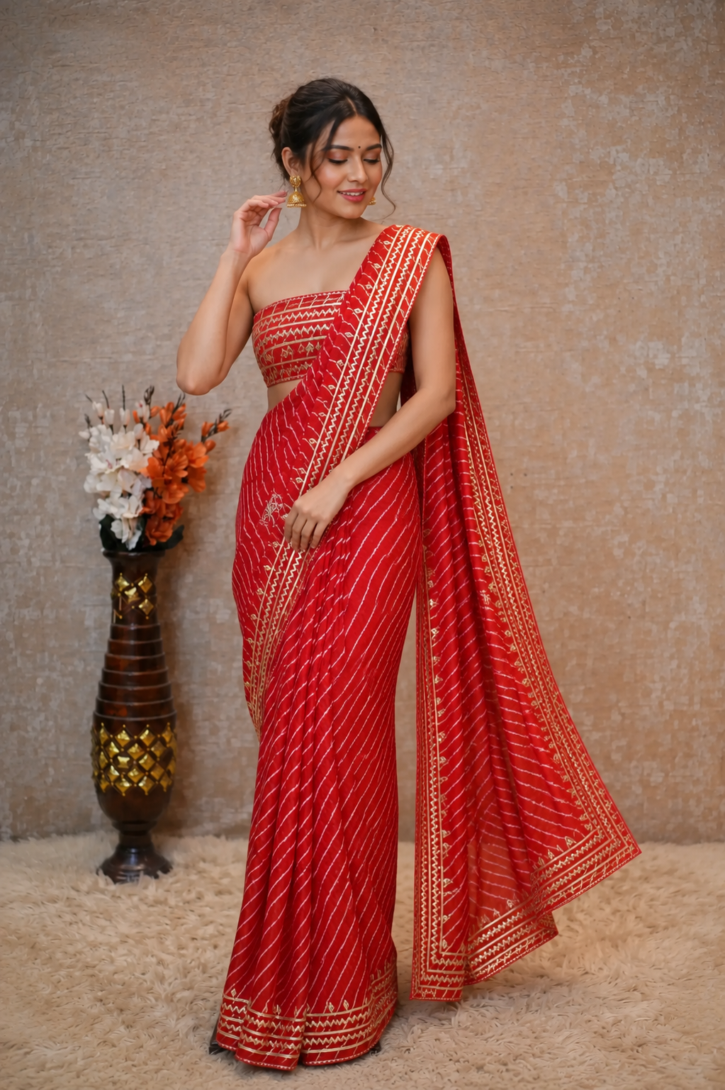 Rani Pink Leheriya Saree with Handcrafted Kacchi Gota Patti Work