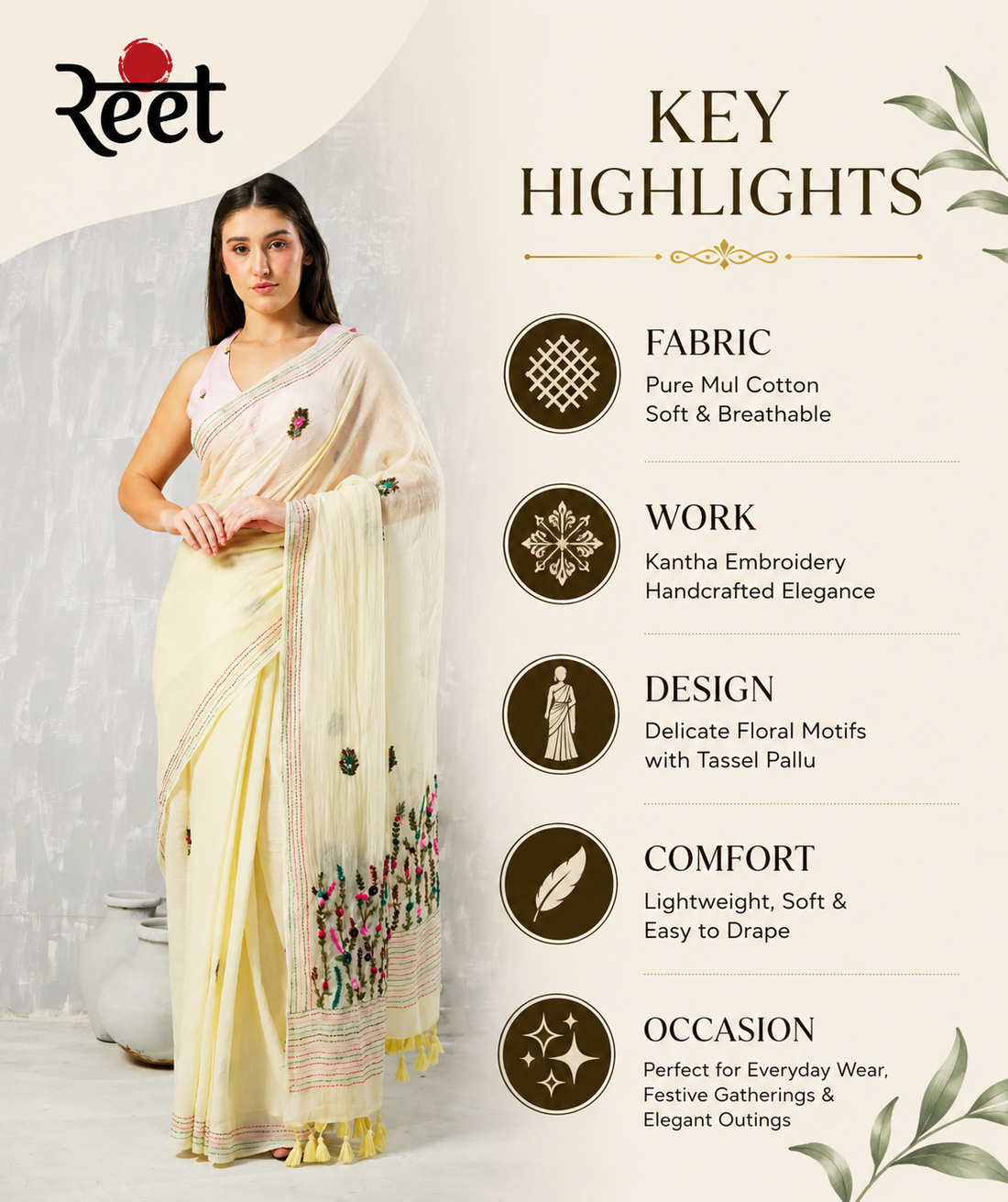 Cream Pure Mul Cotton Kantha Embroidered Saree