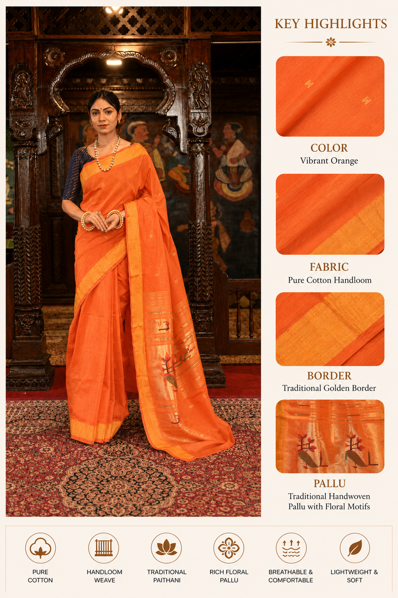 Pure Cotton Handloom Paithani Saree Traditional Paithani Pallu