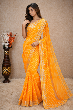 Rani Pink Leheriya Saree with Handcrafted Kacchi Gota Patti Work